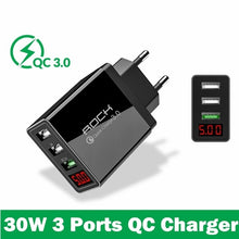 Load image into Gallery viewer, ROCK LED Display QC 3.0 3A 3 USB Phone Charger Fast Charging For iPhone Xiaomi Huawei P30 Pro Samsung Fast EU Wall Adapter Turbo