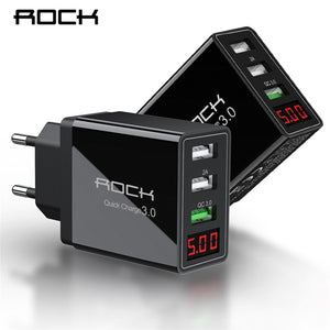 ROCK LED Display QC 3.0 3A 3 USB Phone Charger Fast Charging For iPhone Xiaomi Huawei P30 Pro Samsung Fast EU Wall Adapter Turbo